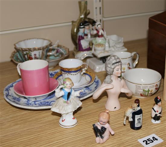 A Dresden cabinet cup and saucer and two Fairings Oysters Sir? and The Tea Party, and four other pieces (8)